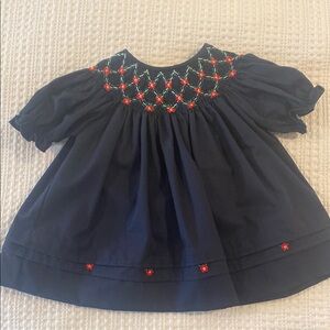 Feltman Brothers Navy Blue Smocked Christmas Dress with Red Embroidery